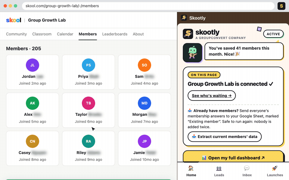 Skootly sending 153 existing members' answers to a Google Sheet, marked Existing member
